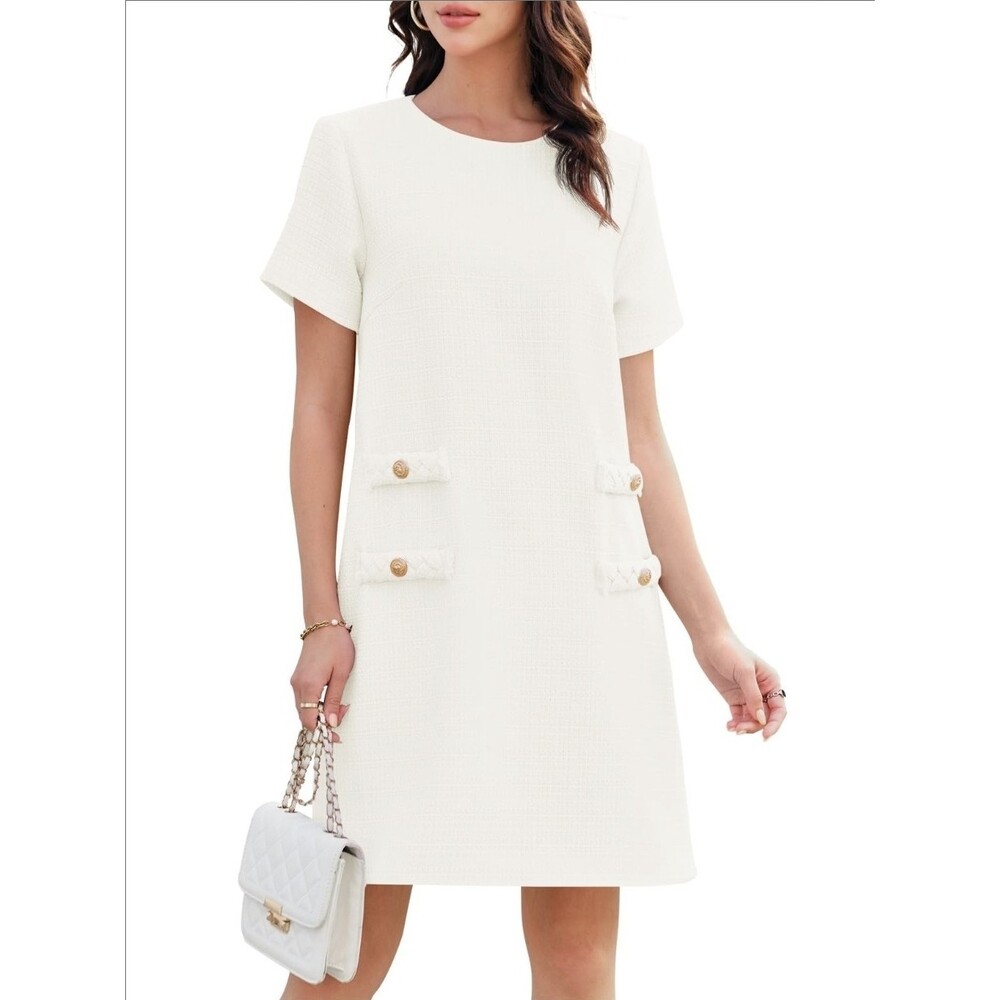 Womens Tweed Cream Jackie A Line Mini Shift Dress Elegant Crew Neck Short Sleeve